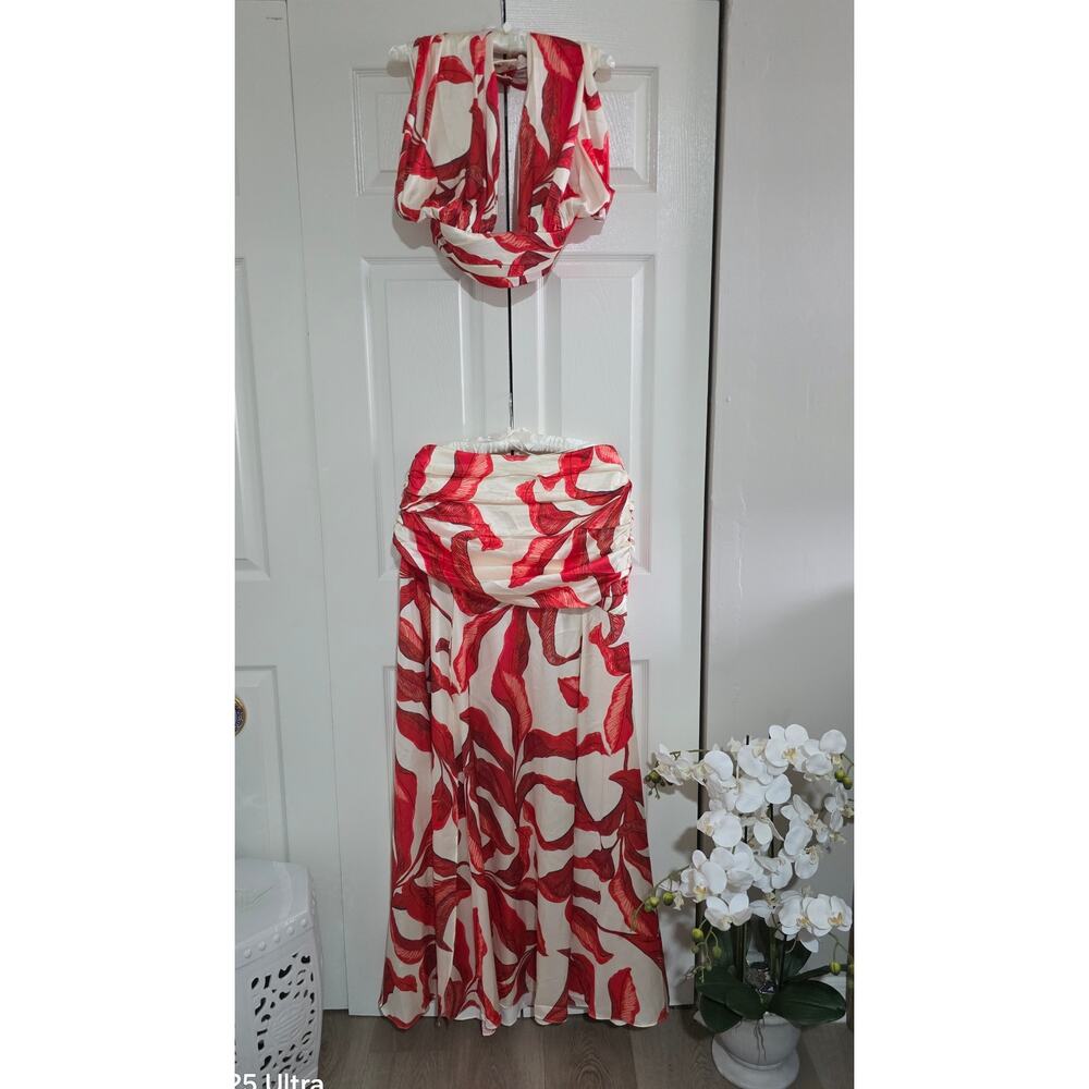 2 Piece Set: Long Maxi Skirt & Backless Top  Red/ White party